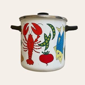 San Ignacio MCM Enamel Stock Pot Seafood Lobster Veggie Vintage Spain 1970s